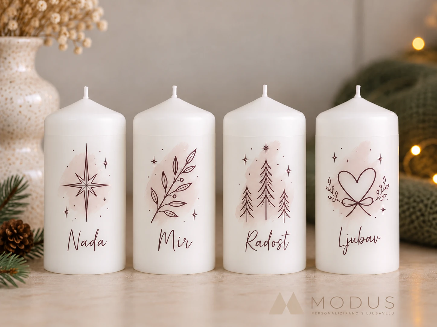 Adventske svijeće s natpisima Nada, Mir, Radost i Ljubav, model SV022